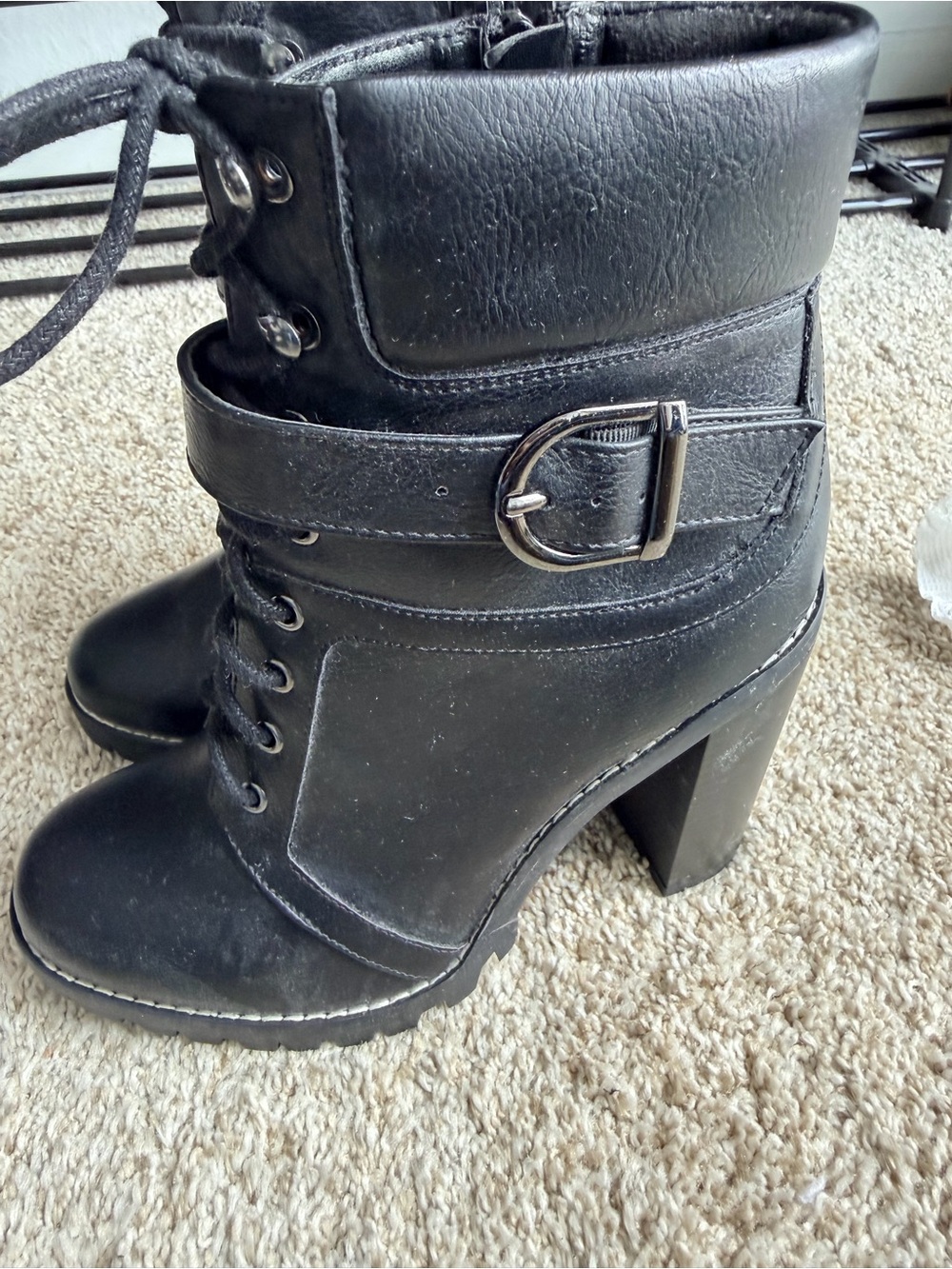 Black High-Heel Lace-Up Ankle Boots with Buckle